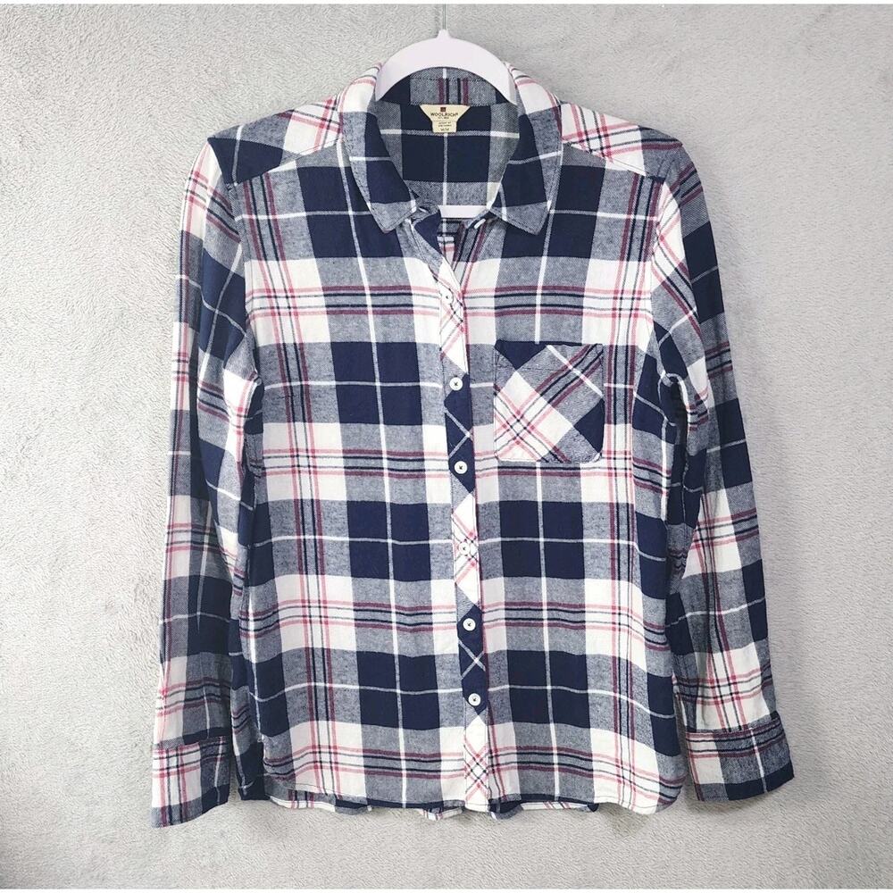 Woolrich Flannel Shirt Button Up Plaid Blue White 100% Cotton Womens Size Medium